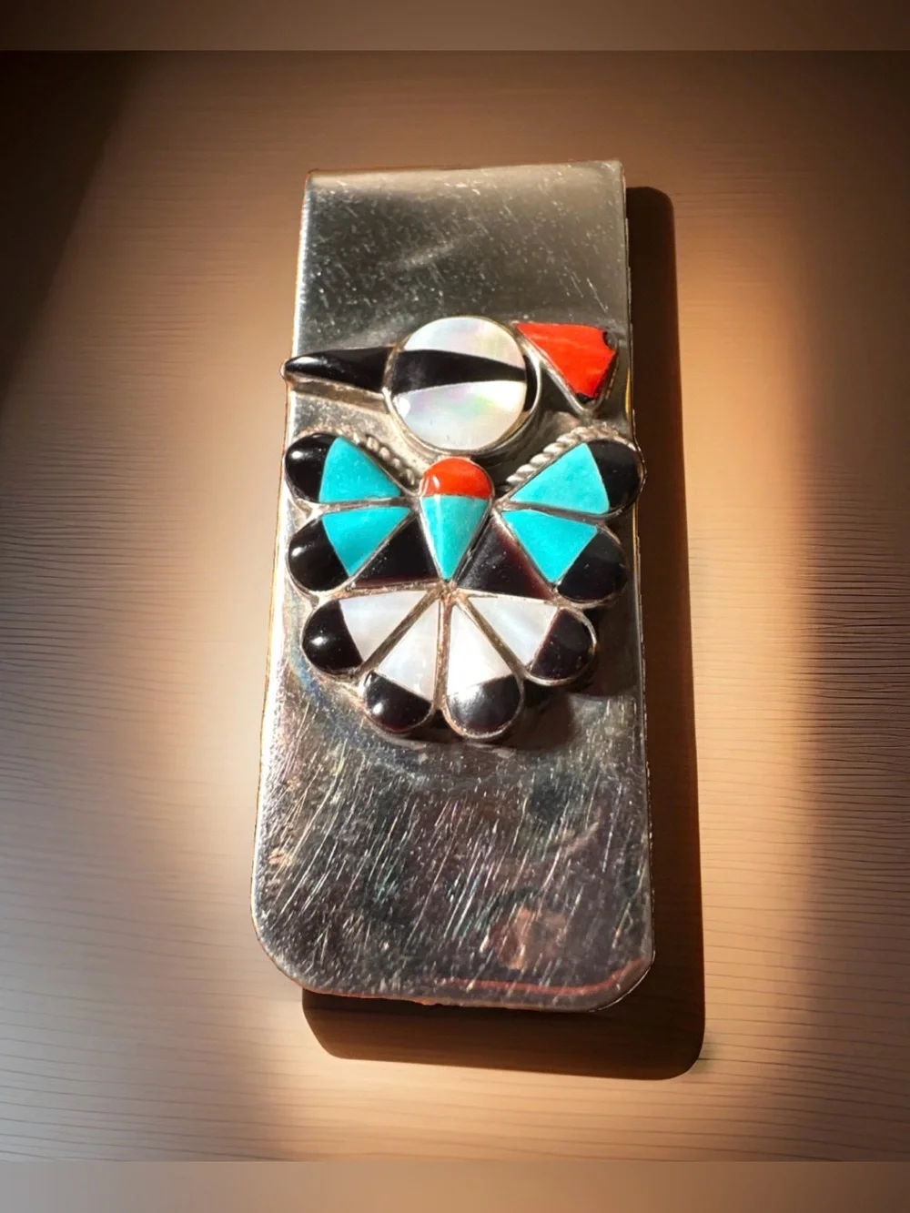 VTG Native American Sterling Silver MOP Turquoise Peyote Water Bird Money Clip